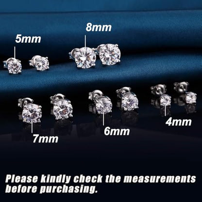 Jiamiaoi 18K White Gold Plated Stud Earrings 925 Sterling Silver Round and Square Cut Princess Cut 5A+ Cubic Zirconia Stud Earrings 4mm to 8mm Fashion Jewelry for Men Women - color: A-Round Cut-Silver, size: 8mm