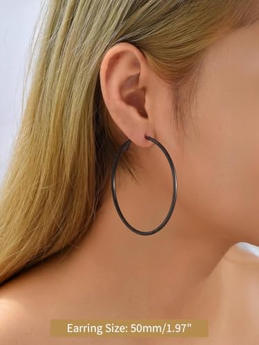 FindChic Thin Hoop Earrings for Women,Silver/Black/Gold Plated 20-100mm - color: Black, size: 50mm