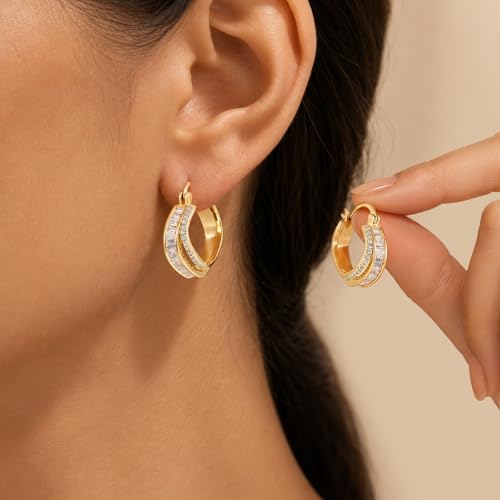 Gold Silver Huggie Hoop Earrings for Women 18K Gold & Sterling Silver Plated Cubic Zirconia Hoop Earrings Double Hoops Earrings Hypoallergenic Non Tarnish Earings Jewelry Gift - color: Gold-A