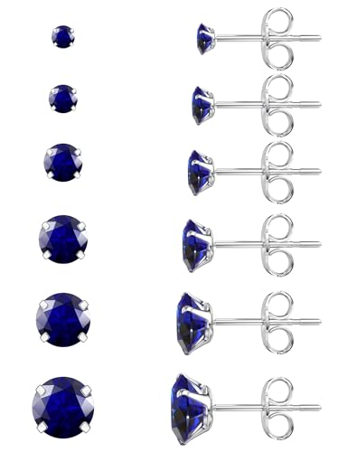 6 Pairs Stud Earrings Set, Hypoallergenic Cubic Zirconia 316L Earrings Stainless Steel CZ Earrings 3-8mm (Steel color) - color: A-013-Blue
