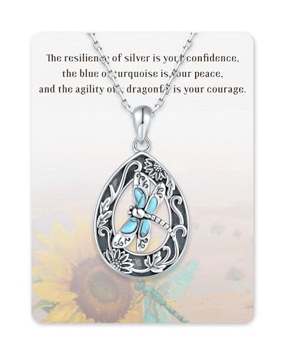 925-Sterling-Silver Turquoise Dragonfly/Hummingbird/Compass/Anchor/Butterfly/Cross/Lotus Necklaces Vintage Boho Pendant Jewelry Victorian Christmas Birthday Gifts for Women - style: Dragonfly Waterdrop Turquoise Necklace