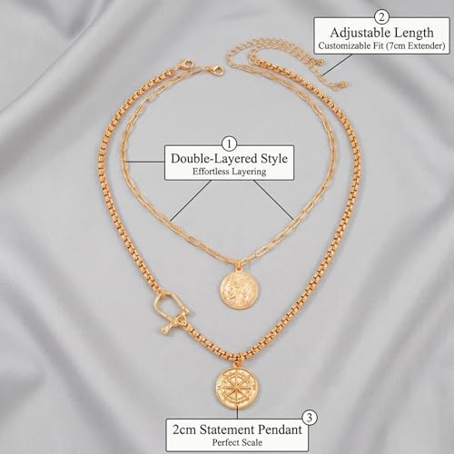 QCWN Gold Layered stacked Necklaces for women 3PS Chunky Statement Necklaces Stack Mixed Metal Charm Necklace for Women Trendy Coin Jewelry Gift for Her Gifts - style: Layered stack 7