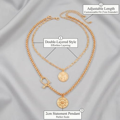 QCWN Gold Layered stacked Necklaces for women 3PS Chunky Statement Necklaces Stack Mixed Metal Charm Necklace for Women Trendy Coin Jewelry Gift for Her Gifts - style: Layered stack 7