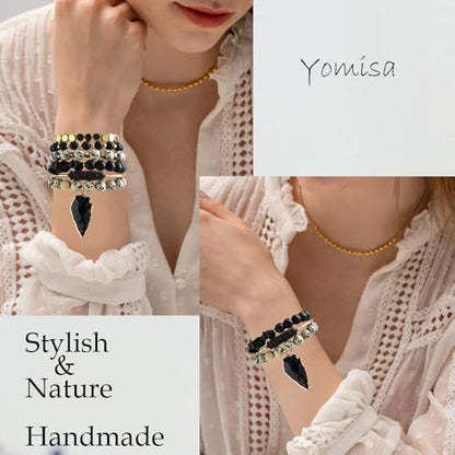 Yomisa Boho Beaded Bracelets/Bangle for Women,Multilayer 5/6/7PCS Healing Natural Handmade Stone Bead Bracelets Stackable Stretch Friendship Beaded Bracelet Set Trendy Western Bohemian Jewelry Gift - color: 6pcs-Black&beige