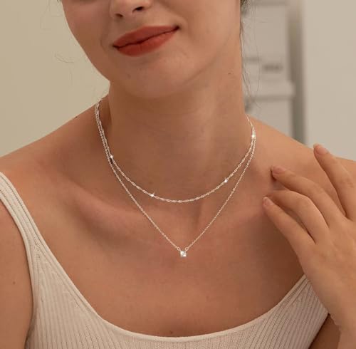 Dainty Sterling Silver Plated Diamond Choker Necklace for Women | Layered Created Diamond Pendent Necklace Set Non Tarnish, Stackable Cuban Chain Choker Jewelry - color: Silver-01