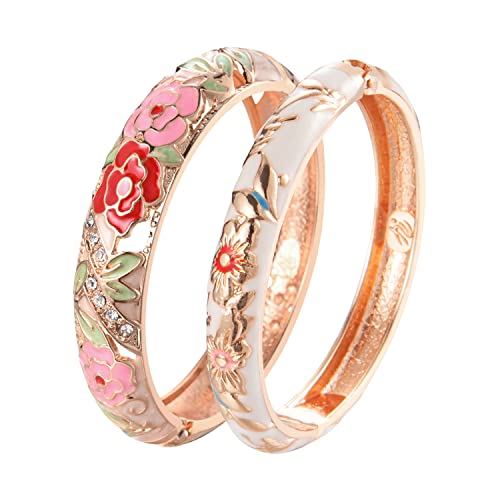 UJOY Cloisonne Bangle Colorful Enamel Filigree Rose Flower Hollowed Crystal Bracelet for Women Gifts 88A09 - color: C06-2 Pcs Set/Rose-White