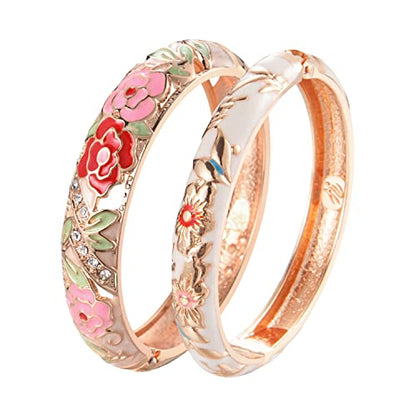 UJOY Cloisonne Bangle Colorful Enamel Filigree Rose Flower Hollowed Crystal Bracelet for Women Gifts 88A09 - color: C06-2 Pcs Set/Rose-White