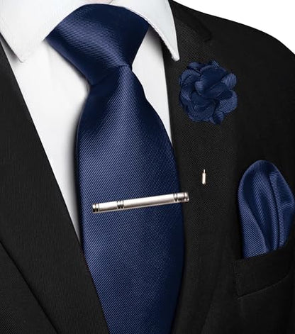 JEMYGINS Formal Necktie Solid Color Tie and Pocket Square with Tie Clip Lapel Pin Sets for Men 4PCS - color: Navy Blue