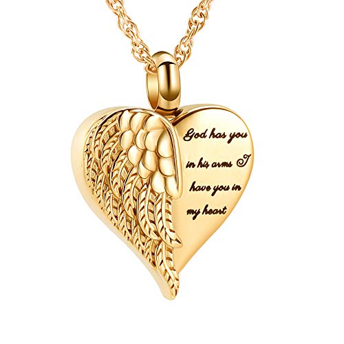 shajwo Cremation Heart Urn Necklace Ashes Jewelry for Women Men Keepsake Pendant Memorial Locket Ash Holder - color: Wing-Gold