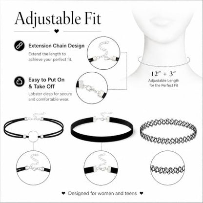 6 Piece Black Choker Necklaces for Women, Gothic Velvet Lace Tattoo Set