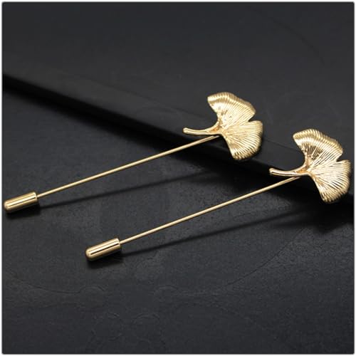 Dreuyet Simple Gold Silver Plated Long Brooch Pins with Cute Animal Antlers Leaves Plant Bees Rabbits Rose Flower Feather Brooch Jewelry for Women Men Elegant Suit Collar Lapel Pin - style: Ginkgo Leaves