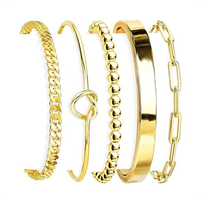HERIER Gold Bracelets for Women 18k Gold Plated Bracelet Stack Bangle Cuff Bracelet Set for Women Non Tarnish Beaded/Paperclip/Cuban Link Chain Bracelets Jewelry for Women Trendy - style: Bangle Cuban5-Gold