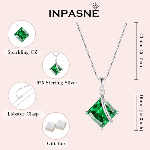 Square Princess Cut Necklace 925 Sterling Silver Solitaire Pendant Necklace Birthstone Jewelry Gifts for Women - color: 05 May - Emerald