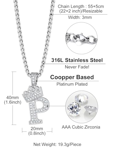 Richsteel Silver Crown Initial A-Z Letter Pendant Necklace for Men Women | Cubic Zirconia Monogram, 316L Steel Chain, 22" + 2" Extender,Hypoallergenic,Gift Box, Hip Hop Jewelry - style: P