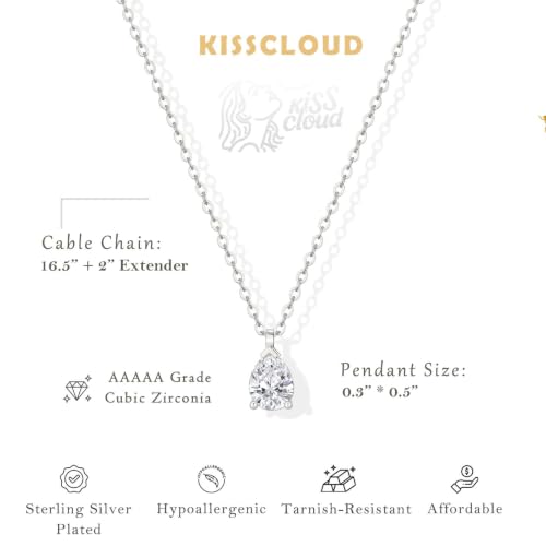 Gold Silver Necklace for Women, Dainty Cubic Zirconia Pendant | Teardrop CZ Charm, 14K Gold/Sterling Silver Plated, Adjustable Chain, Hypoallergenic & Waterproof Jewelry, Cute Trendy Gift - color: Silver-CZ teardrop/cable chain
