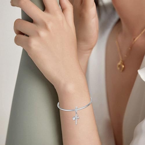 PROESS Initial Cross Charm 925 Sterling Silver Letter A B C Pendant Dangle Charm Beads for Bracelet Initial Cross Jewelry Gifts for Women - style: 13-M