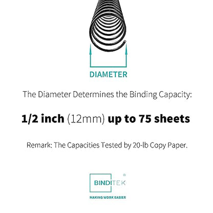 Binditek Metal Spiral Binding Coils, 12 mm, 4:1 Pitch, Black, 30 Pack | Coil Binding Spines, 1/2", 90 Sheet Capacity, 48 Loops, for Letter-Size Reports, Presentations, School and Office Projects - size: 12mm, style: 30P , Metal