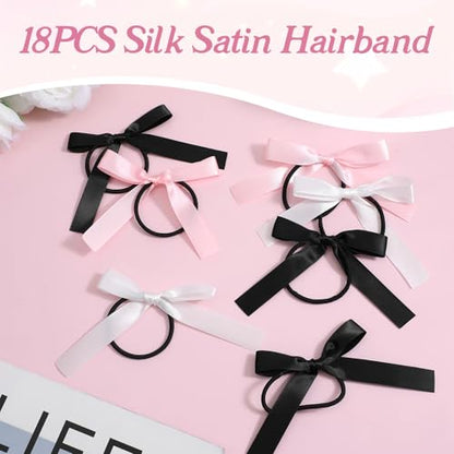 18PCS Silky Satin Hair Bows Ties for Girls, Bowknot Ribbon Ponytail Holders, Ribbon Hair Bows for Women Girls, Elastics Hairscrunchies for Thick Thin, Elastic Hairbands(White/Black/Pink)