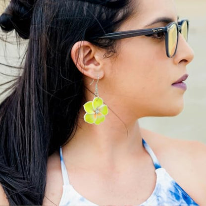 Floral Dangle Earrings for Women Hawaiian Tropical Plumeria Rubra Flower Drop Earrings with Cubic Zirconia Luau Beach Party Vacation Hawaiian Accessories Jewelry Gift - color: Yellow