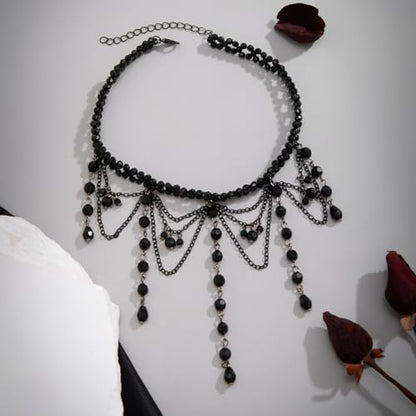 Chargances Vintage Crystal Beaded Long Pendant Necklace 90s Victorian Black Lace Choker Charm Layered Chain Necklace Jewelry for Women(Style 4)