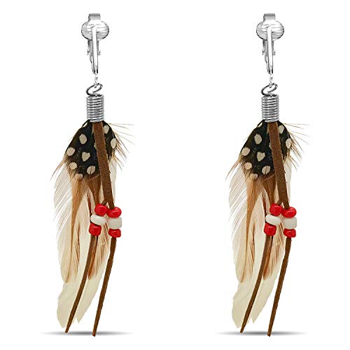 Aloha Earrings-Clip On Real Feather Earrings-Dangle Clip On Earrings Tassel Long Clip Earrings Bohemian - color: White Feathers