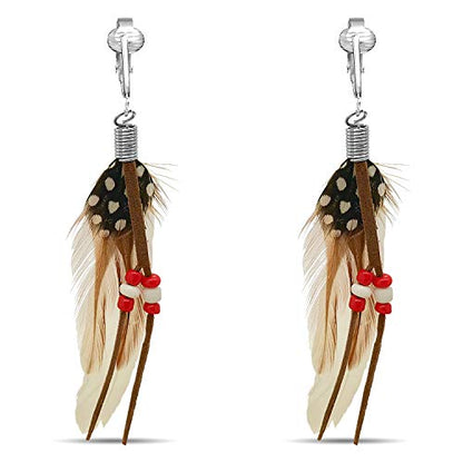 Aloha Earrings-Clip On Real Feather Earrings-Dangle Clip On Earrings Tassel Long Clip Earrings Bohemian - color: White Feathers