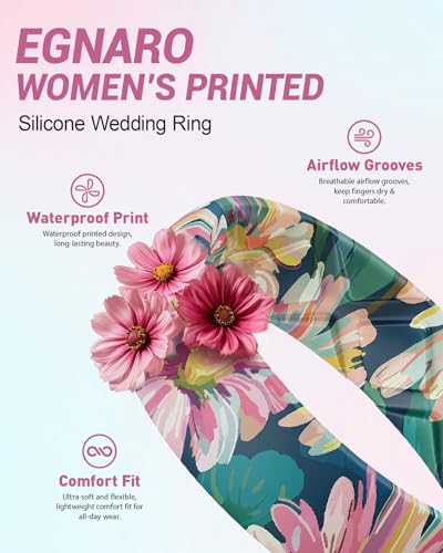 Egnaro Silicone Statement Ring Women, Floral Patterned Rubber Wedding Band | 5.2mm Wide 2mm Thick Printed Style, Inner Arch and Breathable X Grooves for Gym Workout Travel Work Pregnancy Daily Wear