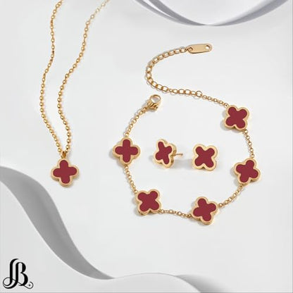 Clover Necklace Pendant Earring Bracelet Set | Designer Necklace Earring Bracelet Jewelry Set | Lovely Gift - color: Red