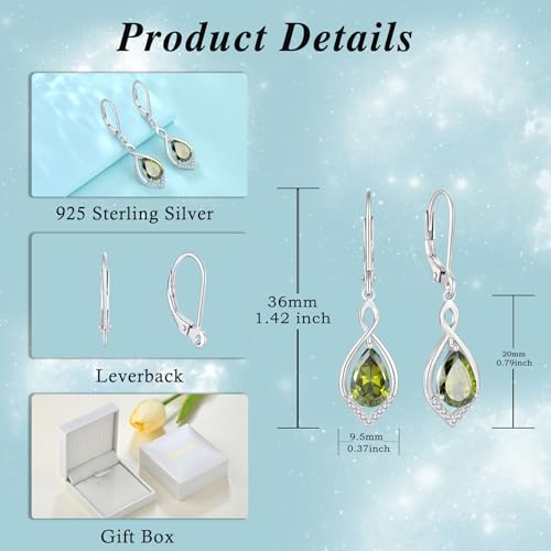 Infinity Teardrop Earrings 925 Sterling Silver Dangle Drop Leverback Earrings Birthstone Jewelry for Women - color: Olive Green