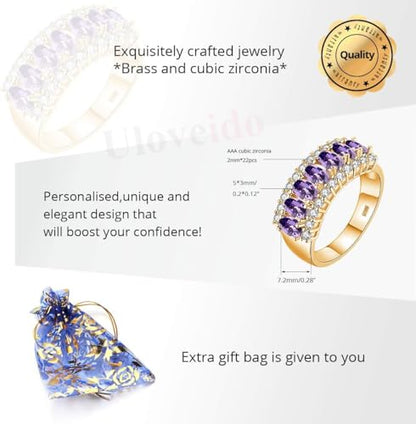 Uloveido Beautiful Women's 7 Stones Wedding Band Oval Cubic Zirconia Engagement Anniversary Rings J501 - color: Gold-Purple