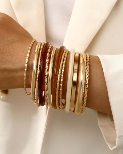 ÌF ME Gold Bangle Bracelets for Women, Indian Bangles Stackable Set, Multi Layer Textured 18K Gold Plated Chunky Bracelets Boho Jewelrys Set - style: G-13PCS Amber Resin Gold