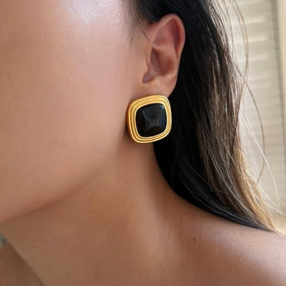 RAUCHBE Big Chunky Gold Earrings for Women Vintage Black Oval Earring Onyx Statement Earrings Trendy Jewelry - style: H