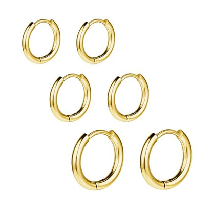 AOEDEJ G23 Titanium Black/Steel Gray/Gold Hoop Earrings 18G Small Huggie Hoop Earrings 8mm/10mm/12mm Cartilage for Sensitive Ears for Multiple Piercing Cartilage Hoop Earring Stack Jewelry - style: Circle-GD-8mm+10mm+12mm