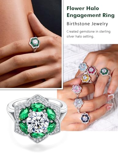 Flower Engagement Promise Ring Sterling Silver Birthstone Rings for Women Sapphire/Emerald/Ruby Gemstone Six Leaf Clover Statement Cocktail Ring Size 6 to 10 - style: 05. May-Created Emerald