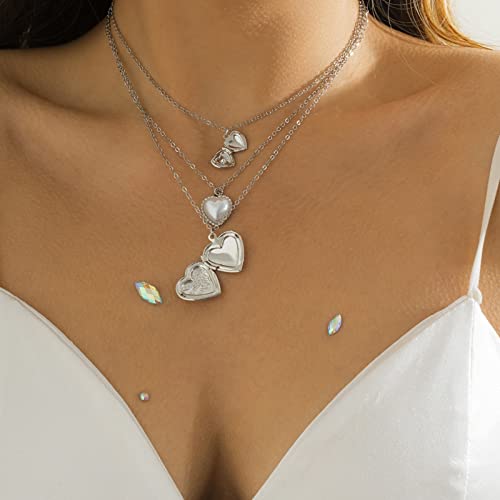 KnBoB 3 Layered Necklaces for Women, Layered Choker Necklaces for Women Adjustable Gold Plated Rolo Chain Necklace with Heart Pendant - color: White Gold