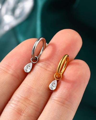 COCHARM Titanium Clicker Hoop Belly Button Ring, 8mm 14G Teardrop Belly Navel Ring, Dangling Hoop Belly Piercing Jewelry Nickel Free - color: Silver-Clear CZ