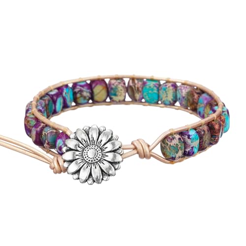 Plumiss Women Boho Handmade Natural Stone Crystal Leather Bead Wrap Bracelets Collection - style: Purple Blue Jasper 1W