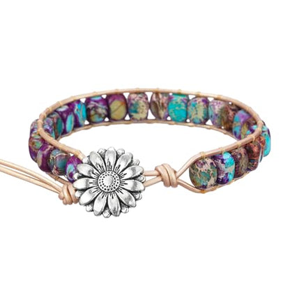 Plumiss Women Boho Handmade Natural Stone Crystal Leather Bead Wrap Bracelets Collection - style: Purple Blue Jasper 1W