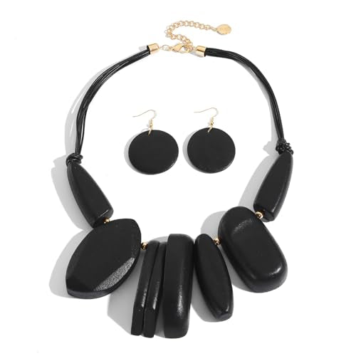 Coiris Chunky Statement Necklace and Earring Sets for Women Boho Wooden Necklaces Earrings Jewelry Set for Women - color: Black