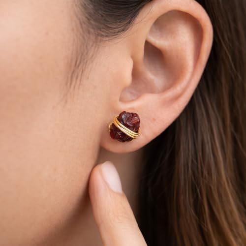 Gempires Wire Wrapped Raw Gemstone Stud Earrings for Women, Birthstone | Handmade wire-wrapped raw gemstone stud earrings — choose from stones and birthstones, artisan raw crystals on gold. - style: Red Garnet