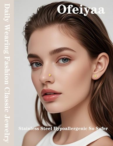 Threadless Push in Nose Studs Rings Stainless Steel Flat Back Earrings Labret Monroe Lip Rings for Women Men Cartilage Helix Conch Tragus Piercing Jewelry 6mm 8mm 10mm Silver Gold Tone - color: Gold, size: 20G(0.8mm)