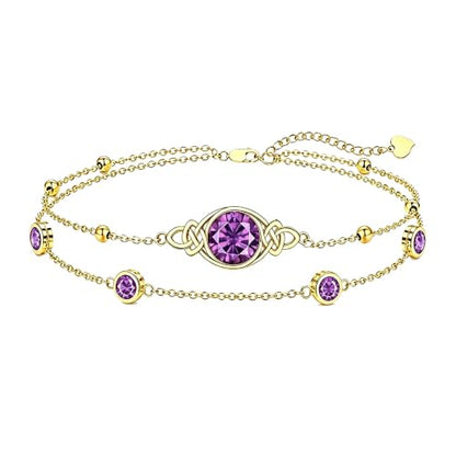 Midari 18K Gold Irish Infinity Celtic Knot Birthstone Layed Anklet Bracelet with 12 Months Birthstone Birthday Jewelry Gifts for Women Mom - color: 02-Amethyst, size: Bracelet 7"-9"