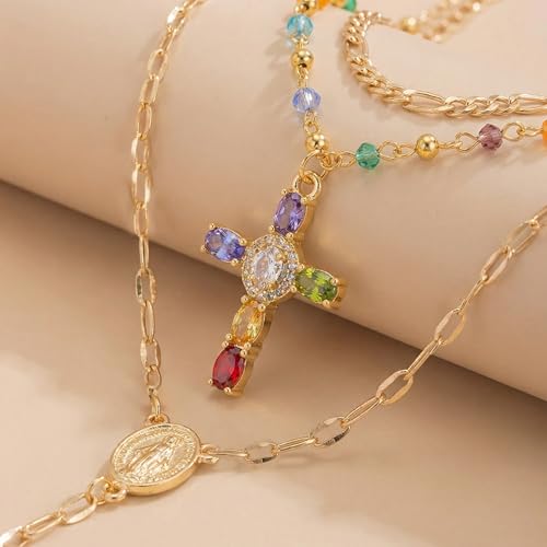 Gold Cross Layered Necklaces for Women,Colorful Crystal Drop Necklace,Gold Cross Pendant Necklace Stack,Fashion Long Tassel Chest Chain Jewelry Layered Rhinestone Neck Chain Accessories - color: Gold-2