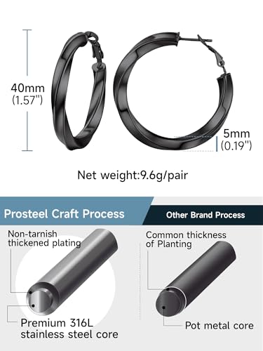 PROSTEEL Chunky Hoop Earrings for Women 14K Gold Plated/Black/Silver | 20/30/40/50/60/70/80mm Stainless Steel Thick Big Round Hoop with Waterproof and Non Tarnish Trendy Jewelry with Gift Box - color: 4. Black, size: 40MM