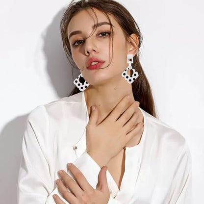 Handmade Lightweight Retro Polka Dot Square Hollow Round Dangle Drop Earrings Unique Chic Resin Geometric Stud Earrings For Women - style: White Chain