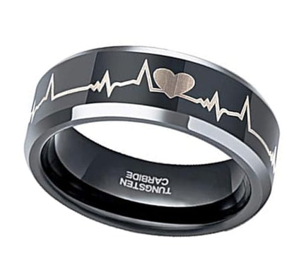 (8mm) Unisex, Women's or Men's EKG Heartbeat Wedding Ring Band. Couple's Black Tungsten Carbide Love Ring with Silver tone edges and Laser Etched Heart Line. One Year Warranty Included. - size: 6
