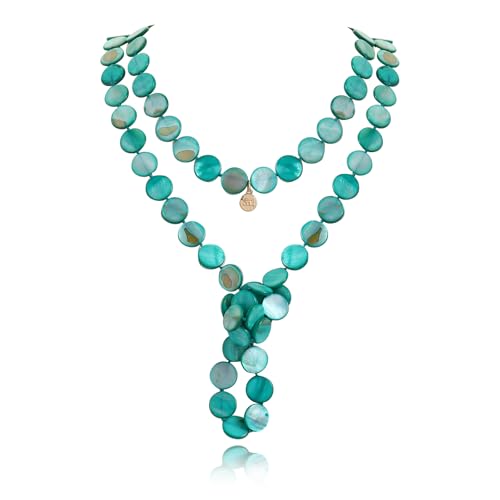 Firstmeet Flat Round Coin Shell Beads Long Knotted Necklace Natural Mother of Pearl Handmade Jewelry For Women - color: Teal