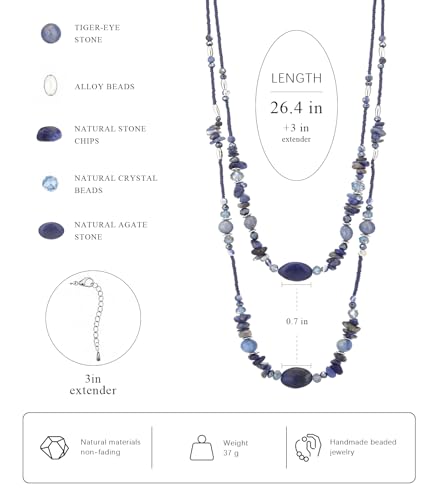 Noessla Boho Long Beaded Necklaces for Women Double Layer Chunky Irregular Stone Beads Strand Statement Jewelry Mothers Day Gifts - color: Navy Blue