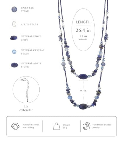Noessla Boho Long Beaded Necklaces for Women Double Layer Chunky Irregular Stone Beads Strand Statement Jewelry Mothers Day Gifts - color: Navy Blue