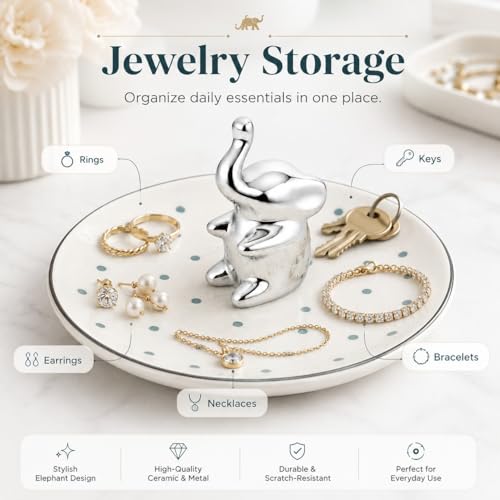 Ring Holder Jewelry Dish Elephant Ceramic Trinket Tray for Rings Earrings Necklace Bracelet Keys, Silver Elephant Jewelry Organizer Dish for Vanity Nightstand Bathroom Countertop - color: Elephant